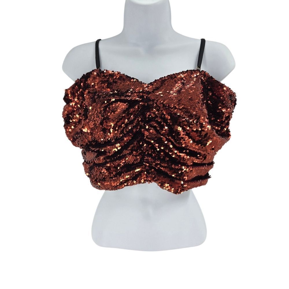 NTW Mango Sequin Brown Ruched Crop Top